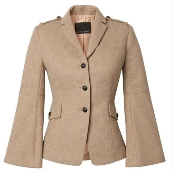 Banana Republic Tan Wool Bell Sleeve Military Jacket Blazer Size 2 - Picture 1 of 14